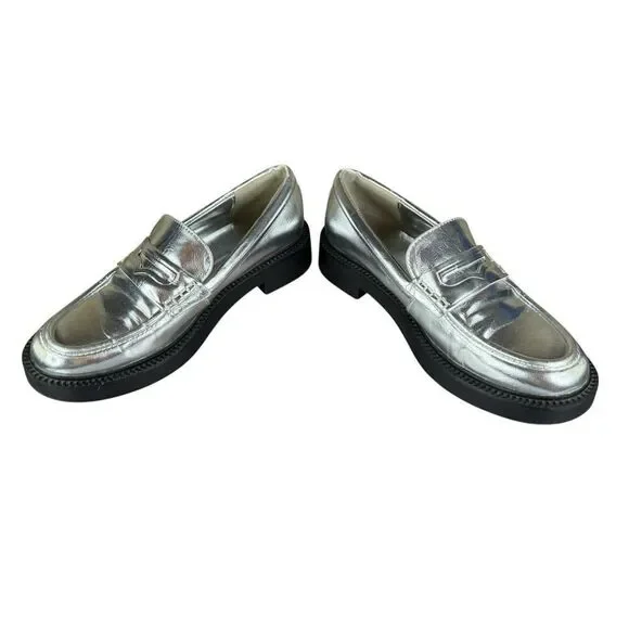 Zara Silver Metallic Loafers Platform Chunky Sole Faux Leather Shoes 37 6.5 - Picture 4 of 8